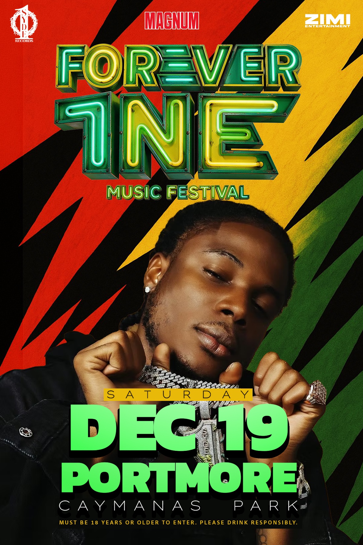 FOREVER 1NE Music Festival flyer — Saturday, December 19, Caymanas Park, Portmore